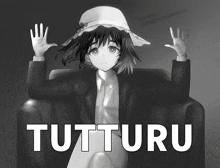 a black and white drawing of a girl sitting on a couch with the word tutturu written on the bottom