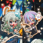 a girl with green hair is sitting next to a boy with purple hair holding a stuffed animal