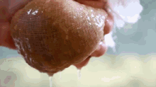 a person is holding a piece of meat in their hands with water dripping from it