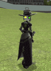 a robot with a hat and green eyes is standing in a grassy field