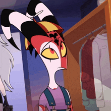 a cartoon character is standing in a closet with clothes hanging on a rack
