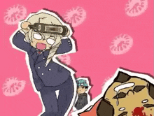a cartoon of a woman holding a bottle of wine on her head .