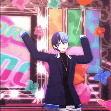 a man in a suit is dancing in front of a sign that says ' ur '