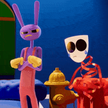 two cartoon characters standing next to each other one is purple and the other is white