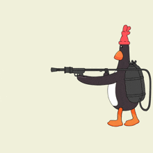 a penguin with a red hat is holding a flamethrower in its hand