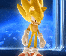 a sonic the hedgehog stands in front of a window
