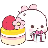 a cartoon drawing of a mouse holding a gift box next to a cake with strawberries on top