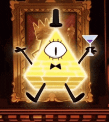 bill cipher from gravity falls is holding a martini glass and a crown