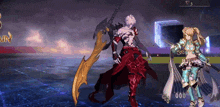 a video game shows a man holding a large sword and a woman holding a sword