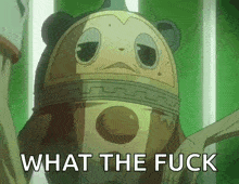 a cartoon character with the words what the fuck on the bottom