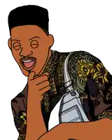a cartoon drawing of a man with his hand on his chin and a purse on his back