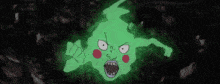 a green cartoon character with an angry face is flying through the air in the dark .