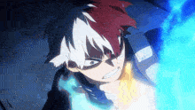 a close up of a person with red and white hair holding a blue fireball .