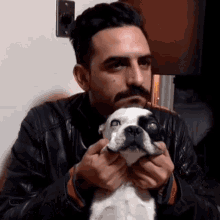 a man with a mustache is holding a small dog in his hands