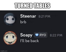 a screenshot of a conversation between steenar and soapy at 8:20 pm