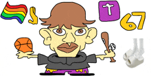 a cartoon drawing of a man holding a basketball and a baseball bat