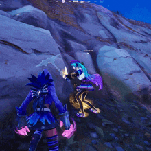 a screenshot of a video game shows a purple and pink character standing on a rocky cliff