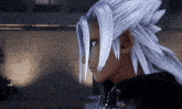 a close up of a video game character 's face with long white hair