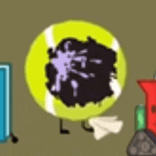 a cartoon drawing of a tennis ball with a black hole in it .
