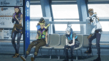 a group of anime characters sitting in front of a sign for shibuya