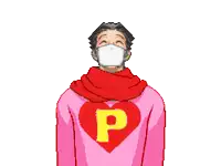 a pixel art of a man wearing a mask and a pink heart sweater with the letter p on the front