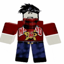 a cartoon character is wearing a red shirt that says ma and d