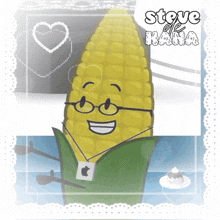 a corn on the cob with glasses and a necklace with an apple logo on it
