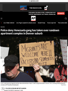 a screenshot of apnews.com shows protesters holding signs including one that says migrants are welcome here