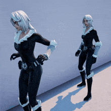 a woman in a black and white superhero costume is standing in front of a white wall