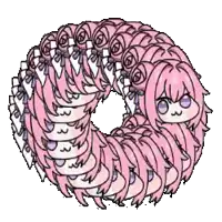 a cartoon of a girl with pink hair and purple eyes making a circle .