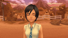 a cartoon girl with her eyes closed stands in front of a fence