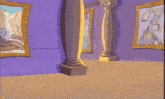 a cartoon scene of a room with paintings on the wall