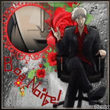 a man in a suit sits in a chair with a red rose in the background and the words boa noite written on the bottom