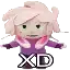 a doll with headphones and a purple outfit is standing in front of a white background with the word xd on it .