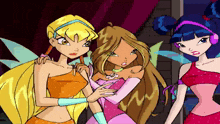 three cartoon characters are standing next to each other and one of them is wearing a pink dress