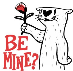 a cat is holding a rose with the words be mine below it