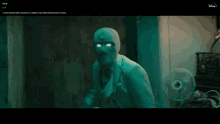 a man in a white suit is running in a dark room with a disney + logo on the bottom