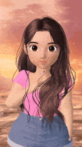 a cartoon girl with long brown hair and a pink shirt