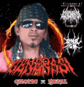 a man wearing sunglasses and a bandana stands in front of a logo for a band called ghostic metal