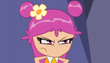 a cartoon character with pink hair and a yellow flower in her hair is making an angry face
