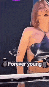 a woman giving a thumbs up with the words forever young