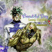 a picture of a cartoon character with the words beautiful day sunny morning on the bottom