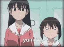 two anime girls are standing next to each other with yumisa written on the bottom right
