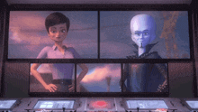 two cartoon characters standing next to each other in front of a screen that says abc