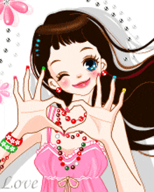 a cartoon girl in a pink dress making a heart with her hands