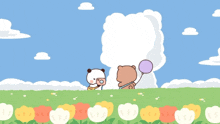 a cartoon of two bears standing in a field of tulips