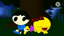 a cartoon of a boy and a girl laying under a tree with the words kinemaster on the bottom