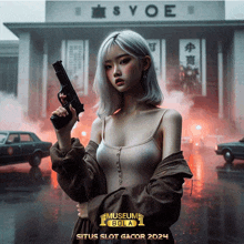 a woman is holding a gun in front of a building that says syoe on it