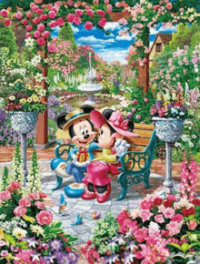 mickey mouse and minnie mouse sitting on a bench in a garden