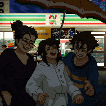 a pixel art of three people standing in front of a 7 eleven